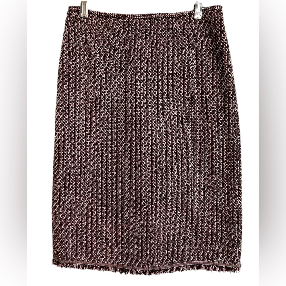 Women’s Pink Black White Tweed Pencil Skirt Velvet Fringe Trim Size 2